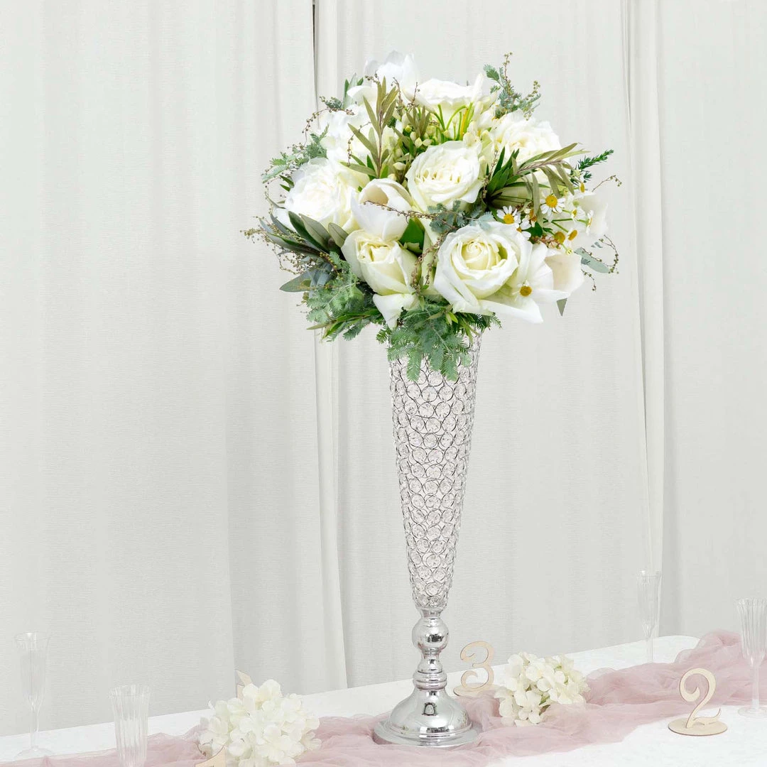 HIER_4820 2 Pack | Silver 32” Tall Crystal Beaded Trumpet Vase Set, Table Centerpiece 1 HIER_4820 2 Pack | Silver 32” Tall Crystal Beaded Trumpet Vase Set, Table Centerpiece