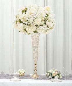 HIER_4280 2 Pack | Gold 40” Tall Crystal Beaded Trumpet Vase Set, Table Centerpiece