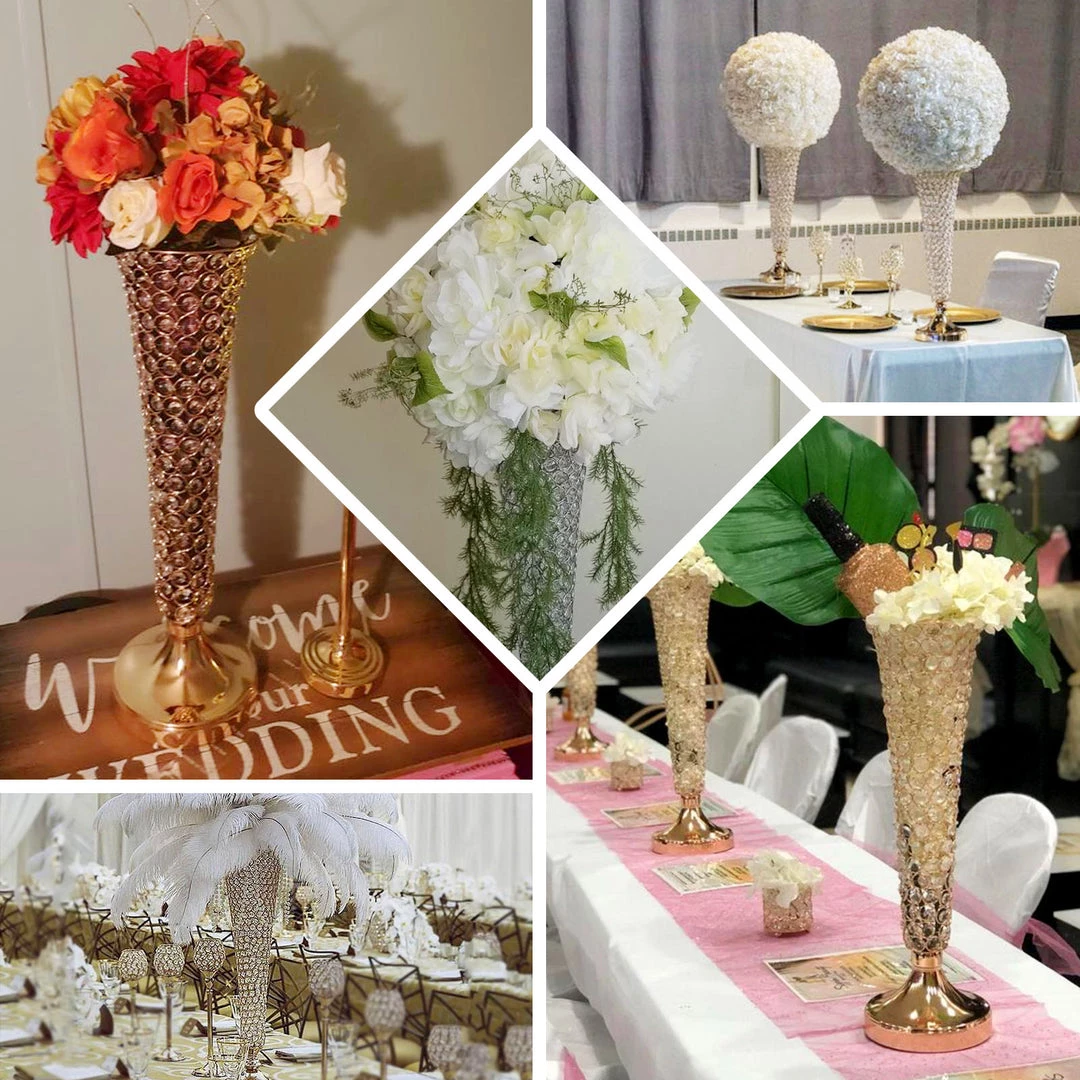 HIER_4400 Chargers & Centerpieces 2 Pack | Gold 22” Tall Crystal Beaded Trumpet Vase Set, Table Centerpiece 6 HIER_4400 Chargers & Centerpieces 2 Pack | Gold 22” Tall Crystal Beaded Trumpet Vase Set, Table Centerpiece