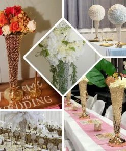 HIER_4400 2 Pack | Blush/Rose Gold 22” Tall Crystal Beaded Trumpet Vase Set, Table Centerpiece