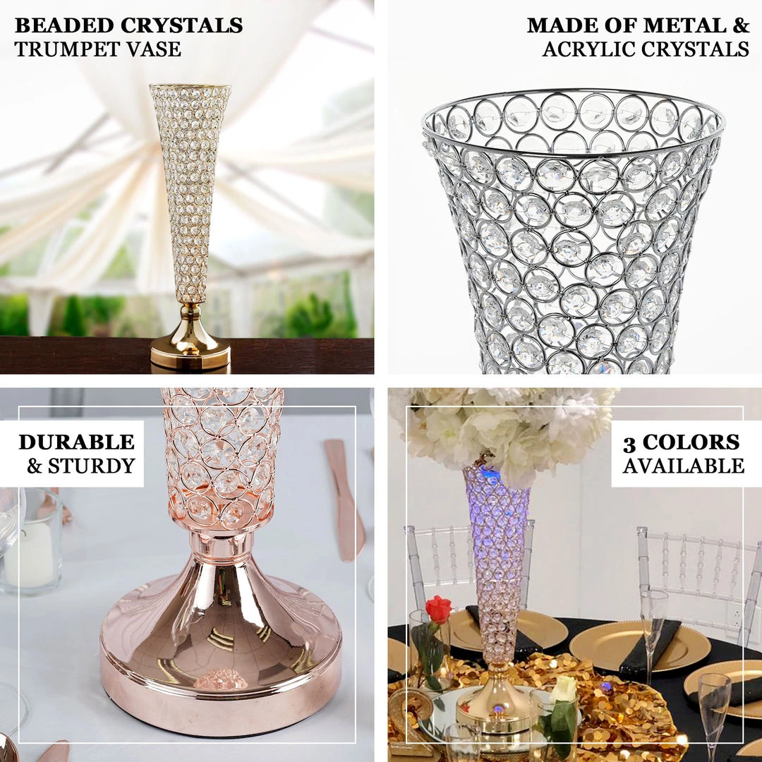 HIER_4400 Chargers & Centerpieces 2 Pack | Gold 22” Tall Crystal Beaded Trumpet Vase Set, Table Centerpiece 5 HIER_4400 Chargers & Centerpieces 2 Pack | Gold 22” Tall Crystal Beaded Trumpet Vase Set, Table Centerpiece
