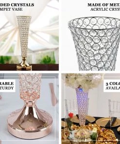 HIER_4400 2 Pack | Blush/Rose Gold 22” Tall Crystal Beaded Trumpet Vase Set, Table Centerpiece