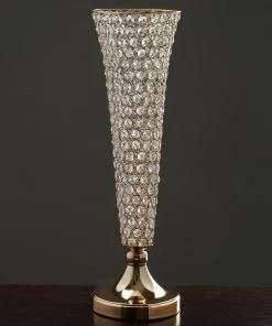 HIER_4400 Chargers & Centerpieces 2 Pack | Gold 22” Tall Crystal Beaded Trumpet Vase Set, Table Centerpiece