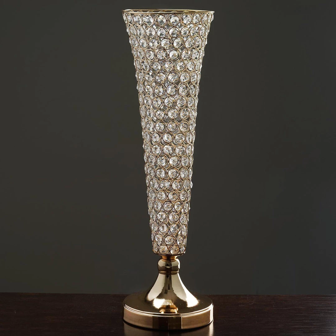 HIER_4400 Chargers & Centerpieces 2 Pack | Gold 22” Tall Crystal Beaded Trumpet Vase Set, Table Centerpiece 1 HIER_4400 Chargers & Centerpieces 2 Pack | Gold 22” Tall Crystal Beaded Trumpet Vase Set, Table Centerpiece