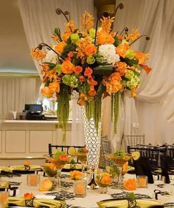 HIER_4400 Chargers & Centerpieces 2 Pack | Gold 22” Tall Crystal Beaded Trumpet Vase Set, Table Centerpiece