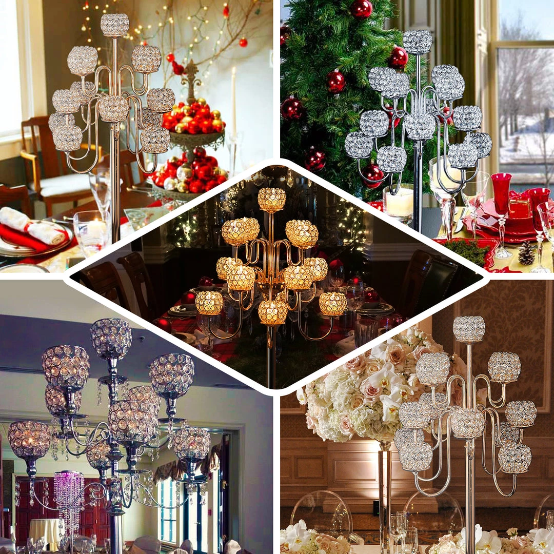 HIER_4340 40" Tall 13 Arm Silver Metal Crystal Beaded Candelabra Candle Holders, Goblet Votive Candle Holders Chargers & Centerpieces 5 HIER_4340 40" Tall 13 Arm Silver Metal Crystal Beaded Candelabra Candle Holders, Goblet Votive Candle Holders Chargers & Centerpieces