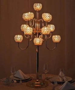 HIER_4340 Chargers & Centerpieces 40" Tall 13 Arm Gold Metal Crystal Beaded Candelabra Candle Holders, Goblet Votive Candle Holders