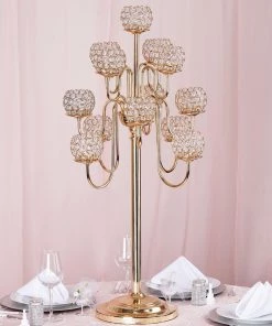 HIER_4340 Chargers & Centerpieces 40" Tall 13 Arm Gold Metal Crystal Beaded Candelabra Candle Holders, Goblet Votive Candle Holders