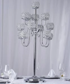 HIER_4340 40" Tall 13 Arm Silver Metal Crystal Beaded Candelabra Candle Holders, Goblet Votive Candle Holders Chargers & Centerpieces