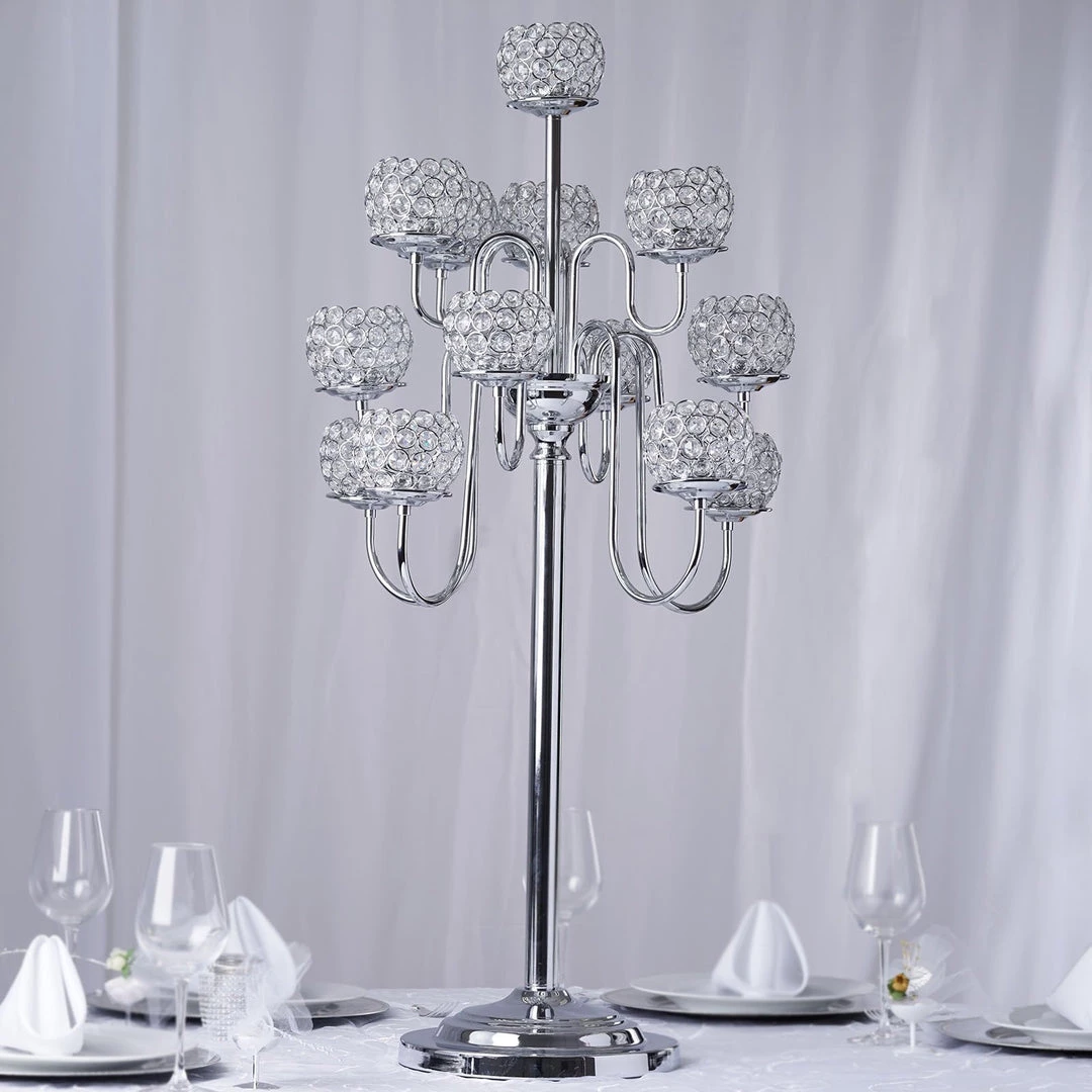 HIER_4340 40" Tall 13 Arm Silver Metal Crystal Beaded Candelabra Candle Holders, Goblet Votive Candle Holders Chargers & Centerpieces 1 HIER_4340 40" Tall 13 Arm Silver Metal Crystal Beaded Candelabra Candle Holders, Goblet Votive Candle Holders Chargers & Centerpieces