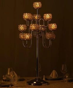 HIER_4340 40" Tall 13 Arm Silver Metal Crystal Beaded Candelabra Candle Holders, Goblet Votive Candle Holders Chargers & Centerpieces