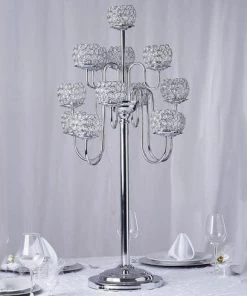 HIER_4340 40" Tall 13 Arm Silver Metal Crystal Beaded Candelabra Candle Holders, Goblet Votive Candle Holders Chargers & Centerpieces 18 HIER_4340 40