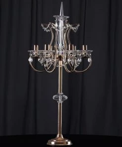 HIER_4340 40" Tall 6 Arm Gold Metal Candelabra Taper Candle Holders With Acrylic Crystals