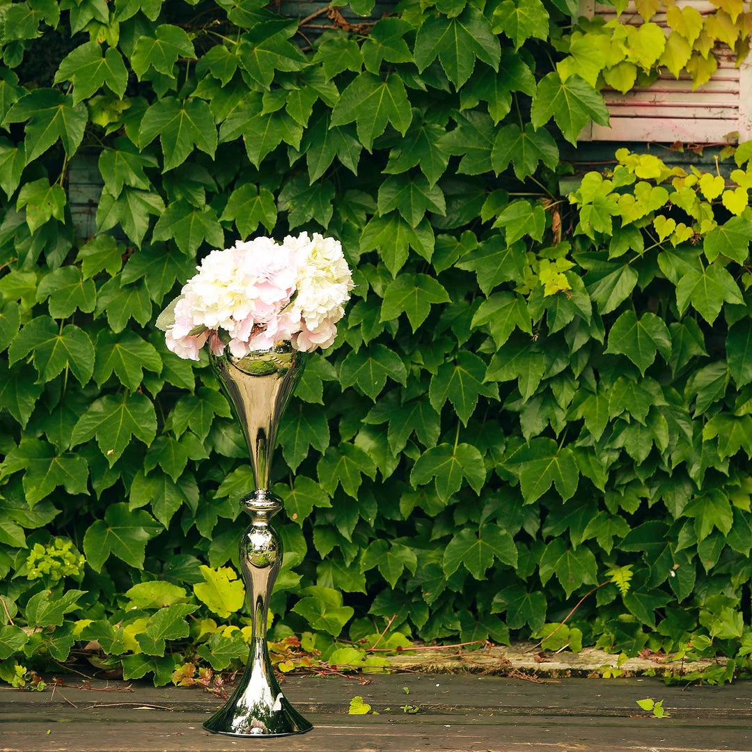 HIER_4820 25" Tall Shiny Silver Metal Floral Trumpet Vase Riser, Floor Flower Vase Chargers & Centerpieces 7 HIER_4820 25" Tall Shiny Silver Metal Floral Trumpet Vase Riser, Floor Flower Vase Chargers & Centerpieces
