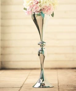 HIER_4820 25" Tall Shiny Silver Metal Floral Trumpet Vase Riser, Floor Flower Vase Chargers & Centerpieces 21 HIER_4820 25