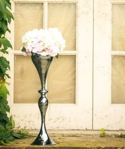 HIER_4820 25" Tall Shiny Silver Metal Floral Trumpet Vase Riser, Floor Flower Vase Chargers & Centerpieces 22 HIER_4820 25