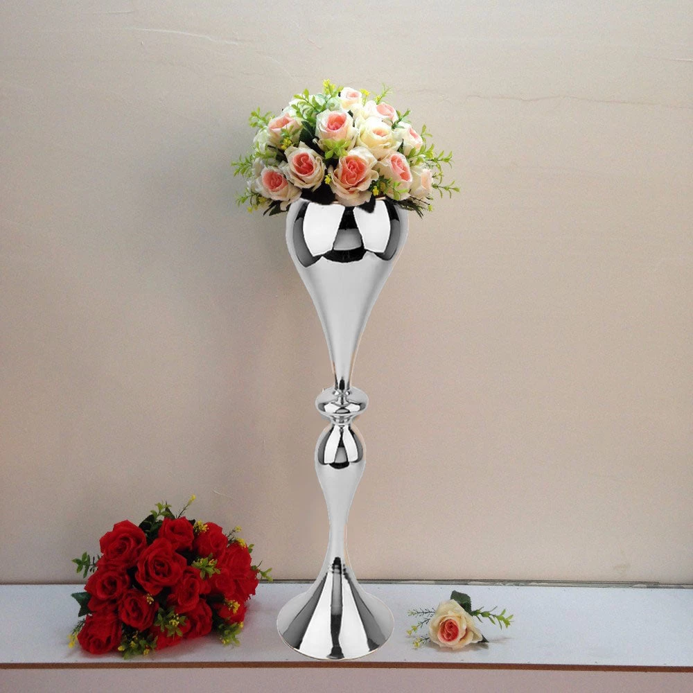 HIER_4820 25" Tall Shiny Silver Metal Floral Trumpet Vase Riser, Floor Flower Vase Chargers & Centerpieces 1 HIER_4820 25" Tall Shiny Silver Metal Floral Trumpet Vase Riser, Floor Flower Vase Chargers & Centerpieces