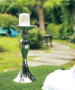 HIER_4310 2 Pack | 12" Tall Silver Floral Stand Pillar Candle Holder Set, Votive Candle Holders