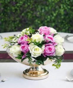 HIER_4820 15" Round Gold Metal Pedestal Flower Pot Floating Candle Bowl, Display Dish