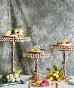 HIER_4110 Set Of 3 | Blush/Rose Gold Pearl Beaded Wedding Cake Stands, Dessert Pedestals, Cupcake Stands Chargers & Centerpieces