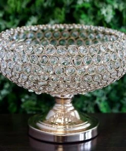 HIER_4400 9" Shiny Gold Acrylic 300 Crystal Beaded Pedestal Bowl Potpourri Vase Chargers & Centerpieces