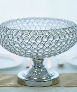 HIER_4400 9" Shiny Silver Acrylic 300 Crystal Beaded Pedestal Bowl Potpourri Vase Chargers & Centerpieces