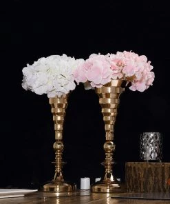 HIER_4820 2 Pack | 15.5" Gold Trumpet Metal Flower Vase Set Wedding Centerpieces - Wavy