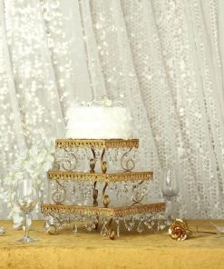 HIER_4110 Chargers & Centerpieces Set Of 3 | Gold Chandelier Metal Cake Stands, 3-Tier Square Cupcake Display, Stackable Dessert Risers With Crystal Pendants