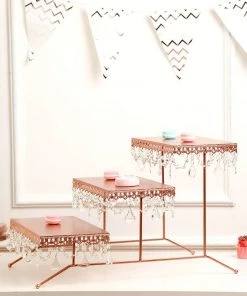 HIER_4110 15" Tall Blush/Rose Gold Metal 3-Tier Cupcake Stand Cupcake Holder Display Riser With Crystal Pendant Chandeliers