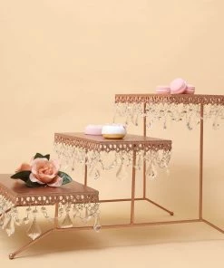 HIER_4110 15" Tall Blush/Rose Gold Metal 3-Tier Cupcake Stand Cupcake Holder Display Riser With Crystal Pendant Chandeliers