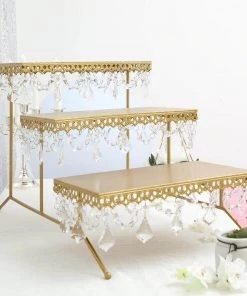 HIER_4110 15" Tall Gold Metal 3-Tier Cupcake Stand Cupcake Holder Display Riser With Crystal Pendant Chandeliers Chargers & Centerpieces