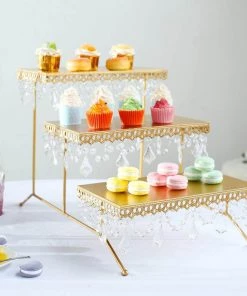 HIER_4110 15" Tall Gold Metal 3-Tier Cupcake Stand Cupcake Holder Display Riser With Crystal Pendant Chandeliers Chargers & Centerpieces