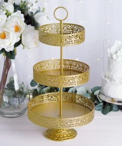 HIER_4110 23" Tall 3-Tier Gold Metal Reversible Cupcake Stand, Dessert Holder, Display Serving Tray