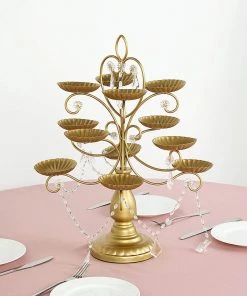 HIER_4110 Chargers & Centerpieces 20" Matte Gold Metal 12 Arm Multipurpose Candle Holder, Cupcake Stand With Acrylic Crystals
