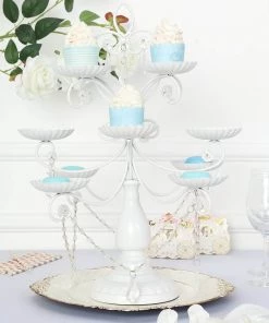 HIER_4110 20" White Metal 12 Arm Multipurpose Candle Holder, Cupcake Stand With Acrylic Crystals Chargers & Centerpieces