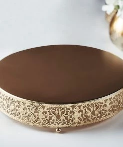 HIER_4110 Chargers & Centerpieces 12" Fleur De Lis Gold Metal Wedding Cake Stand, Dessert Pedestal Display - Round