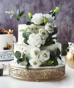 HIER_4110 Chargers & Centerpieces 12" Fleur De Lis Gold Metal Wedding Cake Stand, Dessert Pedestal Display - Round