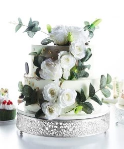 HIER_4110 12" Fleur De Lis Silver Metal Wedding Cake Stand, Dessert Pedestal Display - Round