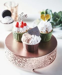 HIER_4110 8" Fleur De Lis Blush/Rose Gold Metal Wedding Cake Stand, Cupcake Pedestal Display - Round