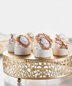 HIER_4110 8" Fleur De Lis Gold Metal Wedding Cake Stand, Cupcake Pedestal Display - Round