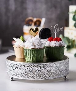HIER_4110 8" Fleur De Lis Silver Metal Wedding Cake Stand, Cupcake Pedestal Display - Round