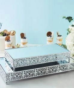 HIER_4110 Set Of 2 | Silver Fleur De Lis Metal Rectangle Cake Stand, Dessert Riser Display With Mirror Top