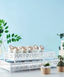 HIER_4110 Chargers & Centerpieces Set Of 2 | White Fleur De Lis Metal Rectangle Cake Stand, Dessert Riser Display With Mirror Top