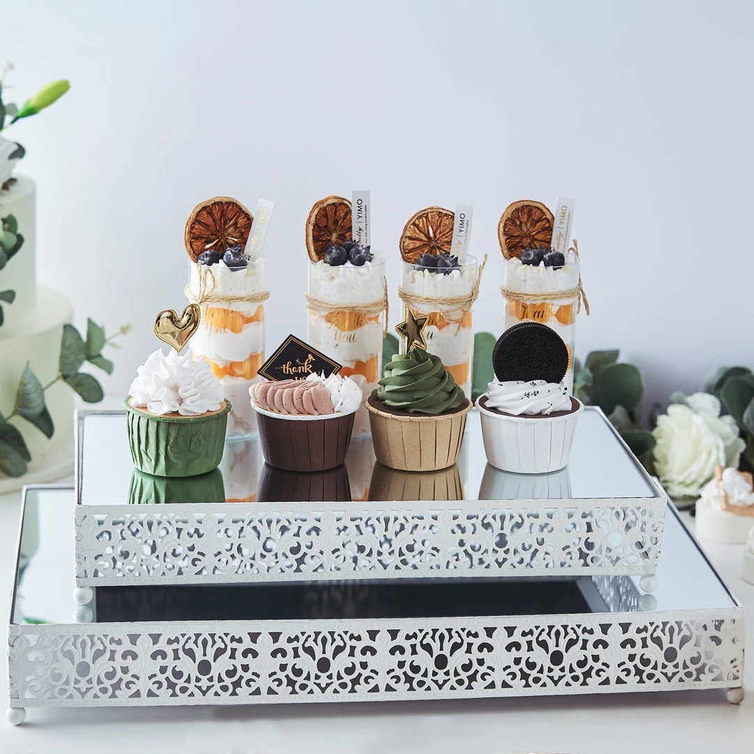HIER_4110 Chargers & Centerpieces Set Of 2 | White Fleur De Lis Metal Rectangle Cake Stand, Dessert Riser Display With Mirror Top 1 HIER_4110 Chargers & Centerpieces Set Of 2 | White Fleur De Lis Metal Rectangle Cake Stand, Dessert Riser Display With Mirror Top