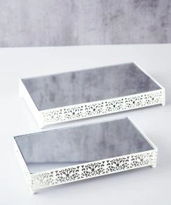 HIER_4110 Chargers & Centerpieces Set Of 2 | White Fleur De Lis Metal Rectangle Cake Stand, Dessert Riser Display With Mirror Top 30 HIER_4110 Chargers & Centerpieces Set Of 2 | White Fleur De Lis Metal Rectangle Cake Stand, Dessert Riser Display With Mirror Top