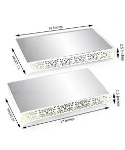 HIER_4110 Chargers & Centerpieces Set Of 2 | White Fleur De Lis Metal Rectangle Cake Stand, Dessert Riser Display With Mirror Top 18 HIER_4110 Chargers & Centerpieces Set Of 2 | White Fleur De Lis Metal Rectangle Cake Stand, Dessert Riser Display With Mirror Top