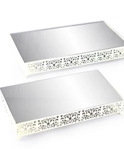 HIER_4110 Chargers & Centerpieces Set Of 2 | White Fleur De Lis Metal Rectangle Cake Stand, Dessert Riser Display With Mirror Top 31 HIER_4110 Chargers & Centerpieces Set Of 2 | White Fleur De Lis Metal Rectangle Cake Stand, Dessert Riser Display With Mirror Top