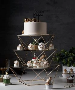 HIER_4110 Chargers & Centerpieces 10" Gold Metal Geometric Cake Stand Display Centerpiece Pedestal Riser With Square Glass Top