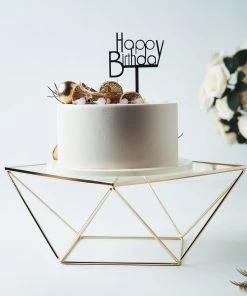 HIER_4110 Set Of 3 | Gold Metal Geometric Stackable Cake/Dessert Stand Pedestals With Square Glass Top Chargers & Centerpieces