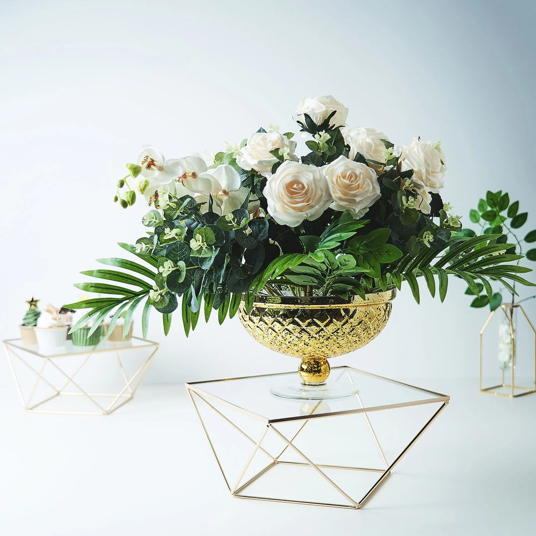 HIER_4110 14" Gold Metal Geometric Cake Stand Display Centerpiece Pedestal Riser With Square Glass Top Chargers & Centerpieces 1 HIER_4110 14" Gold Metal Geometric Cake Stand Display Centerpiece Pedestal Riser With Square Glass Top Chargers & Centerpieces